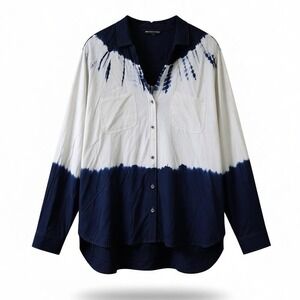 Rock & Republic Tie Dye Button Down Shirt Women's Large Navy White Rayon Top